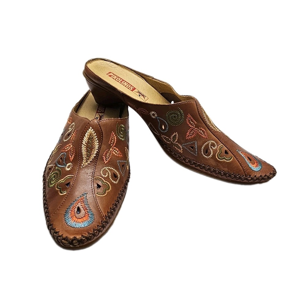 Pikolinos Tan Brown Leather Pointed Toe Stitch Embroidered EU 40 US 9 Low Heel